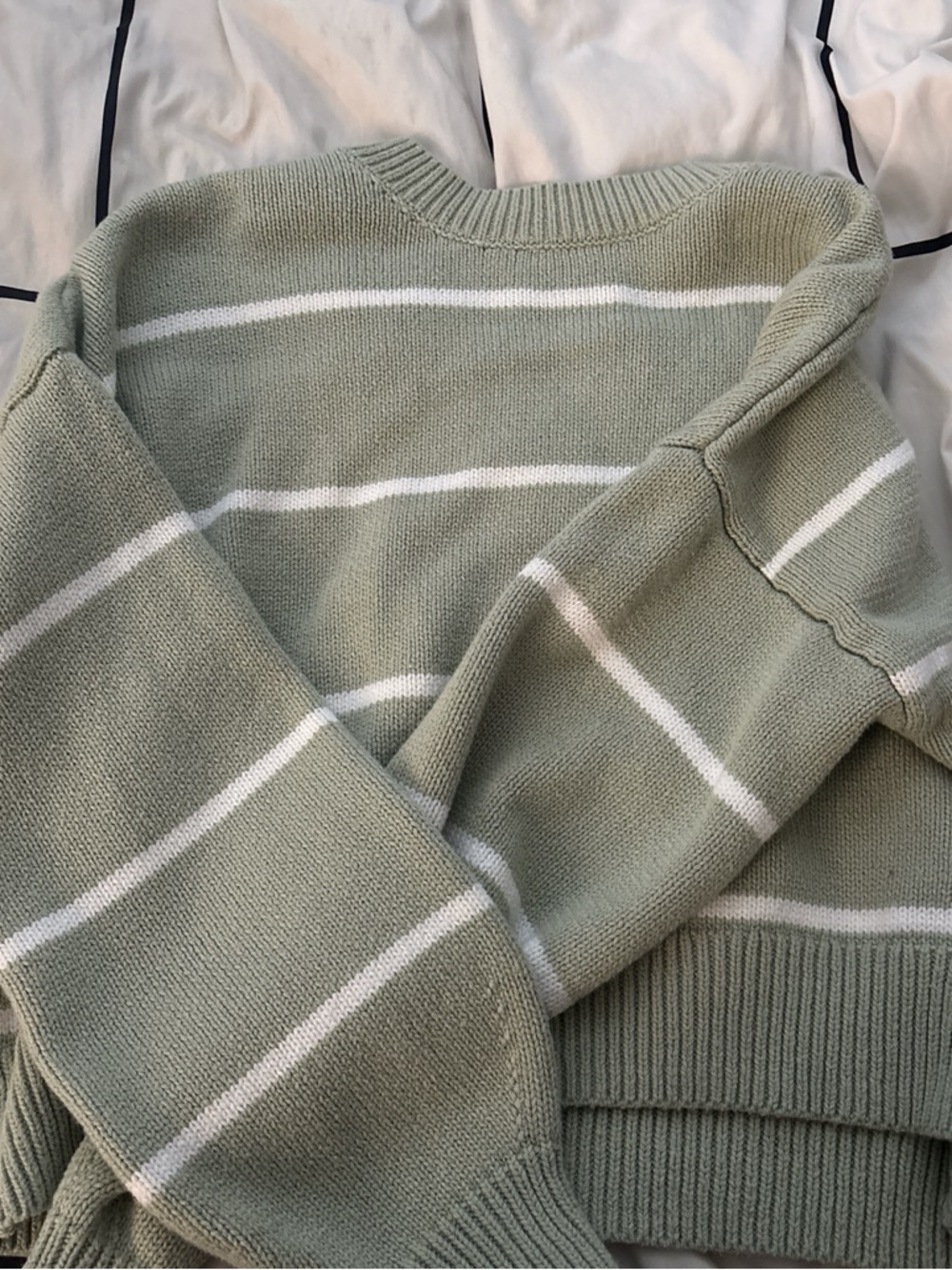 Hollister Sage Green and White Striped Crewneck Sweater
